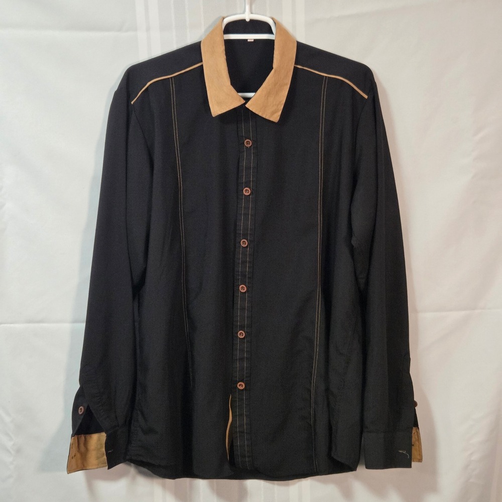 SHEIN Button Down Shirt Mens XL Black Tan Contrast Collar Long Sleeve Western